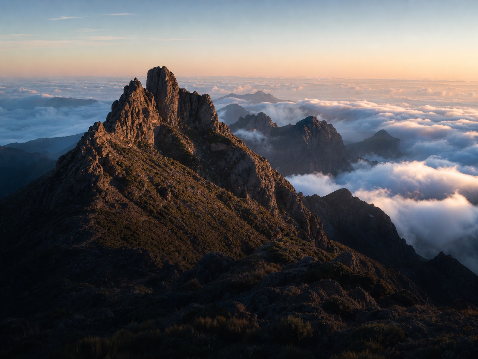 Madeira mountain ridges above a sea of clouds at sunrise